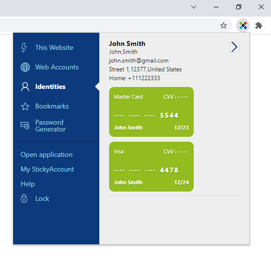 身份資訊和信用卡管理界面